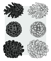 Spruce cones and branches are drawn with a black line. The form is transparent on a gray background. Suitable for Christmas patterns, cards and packaging. 
