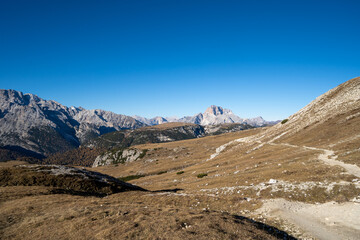 Panoramic view of Tre Cime di Lavaredo or Drei Zinnen at sunset in the Dolomites in Italy, Europe