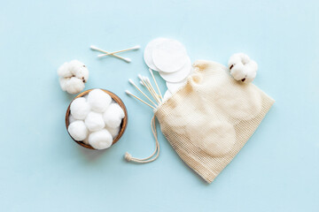 Fototapeta na wymiar Cotton pads with buds and balls for cleansing skin and care