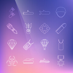 Set line Military reward medal, dog tag, Bullet, Submarine, Nuclear bomb, rocket, Aviation and Target sport icon. Vector
