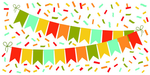 Celebrating card with colorful bunting flags and confetti, bright decoration for holidays greeting. 