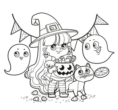 Cute cartoon witch girl, ghosts and cat with candies trick-or-treat outlined for coloring on white background