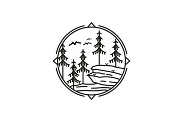 Evergreen Pines Fir Conifer Hemlock Tree Forest and Creek River for Camp Adventure Vintage Hipster Logo