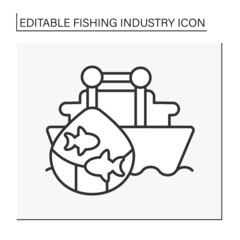  Fishnet line icon.Big net for catching fish. Fishing vessel. Business. Fishing industry concept. Isolated vector illustration. Editable stroke