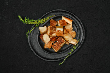 Overhead view of frozen fresh boletus cut on pieces