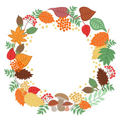 Round frame wreath from autumn leaves template for text. Vector illustration postcard from forest mushrooms and leaves and berries.