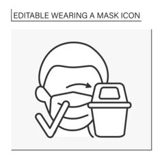  Face mask line icon. Unusable mask disposal. Healthcare concept. Isolated vector illustration. Editable stroke