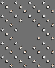 Seamless pattern with cups of coffee on a gray background - a cup with coffee, an empty cup, a cup after drinking coffee. The middle of the frame is empty, copy space. Coffee break.