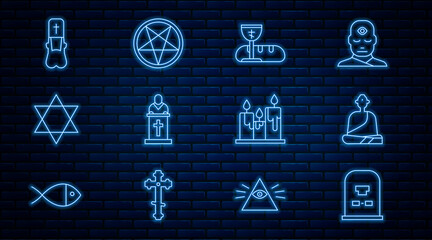 Set line Tombstone with RIP written, Buddhist monk, First communion symbols, Church pastor preaching, Star of David, Priest, Burning candles and Pentagram circle icon. Vector