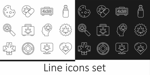 Set line Marijuana leaf in heart, or cannabis, Digital alarm clock, Shopping box of marijuana, Magnifying glass and, Cookies with, Head and Herbal ecstasy tablets icon. Vector