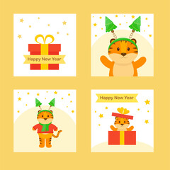 This is a set of new year cards with cute animals, a Christmas tree, gift box.