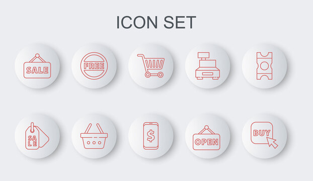 Set line Buy button, Price tag with Sale, Shopping cart, Hanging sign Open, Free, basket and Smartphone dollar icon. Vector
