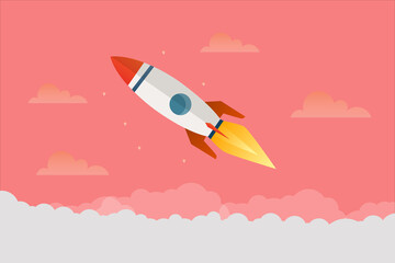 Rocket start up concept with clouds workspace worm vector design.