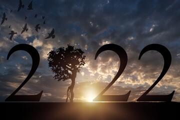 2021 with tree on grass field, Happy new year 2021 ecological concept
