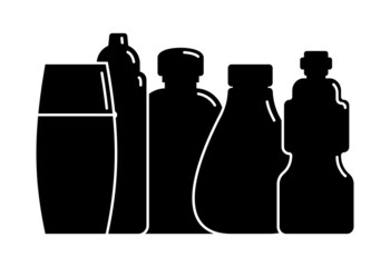 Five plastic cosmetic jar product. Oil, mask, cream. Cosmetic container. Illustration design in the form of black silhouette with thin white lines. Isolated icon in flat style on white background