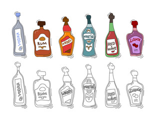 Vodka, rum, whiskey, martini, red wine, liquor bottle on white background. Two kinds beverage. Cartoon sketch. Doodle style with black contour line. Colored hand drawn object. Party drinks concept