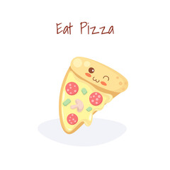 Kawaii light colors pizza slice illustration. Cute happy fast food character drawing isolated on white background. Adorable cartoon vector illustration for card, textile print, kids menu, stickers.