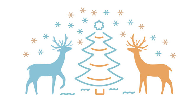 Vector illustration of the background of deer, snowflakes, Christmas trees and gifts. Holiday. Isolated on a white background.