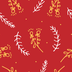 A bright New Year or Christmas pattern. Yellow doodle flowers with berries and white branches on a juicy red background. Universal Casual Winter holiday pattern, print or background