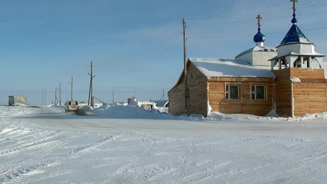 Chukotka, Russia. - 13 April 2013: Church on the way to the Anadyr airport and an abandoned village. Road through township Coal Mines to ghost town Gudym. Former secret military base in far north.