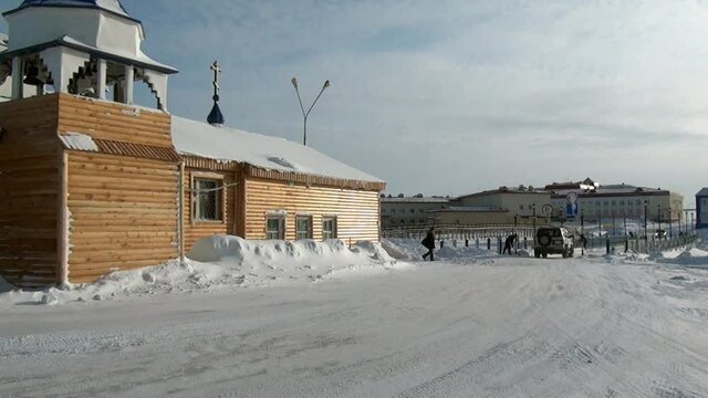 Chukotka, Russia. - 13 April 2013: Church on the way to the Anadyr airport and an abandoned village. Road through township Coal Mines to ghost town Gudym. Former secret military base in far north.