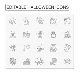  Halloween line icons set. Traditional holiday element. Dressing costumes and collecting candies from neighbors. Holidays calendar concept. Isolated vector illustration. Editable stroke
