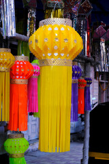 Pune, Maharashtra, India, Oct. 30, 2021 - Colorful traditional Lanterns in Various Shapes Akash kandil (Diwali decorative lamps) Hang out side shop for sale celebrating Diwali Festival.