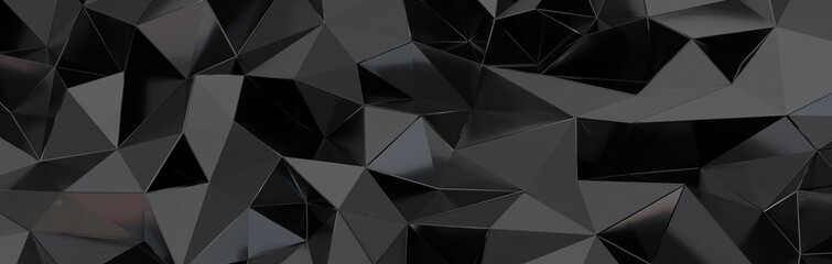 3d render, abstract black crystal background, faceted texture, macro panorama, wide panoramic polygonal wallpaper - obrazy, fototapety, plakaty