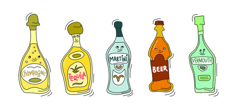 Champagne, tequila, martini, beer and vermouth with smile on white background. Cartoon sketch graphic design. Doodle style with black contour line. Cute hand drawn bottle. Party drinks concept.