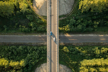 Aerial top down view over highway viaduct via railway. Drone view of bridge with cars over...