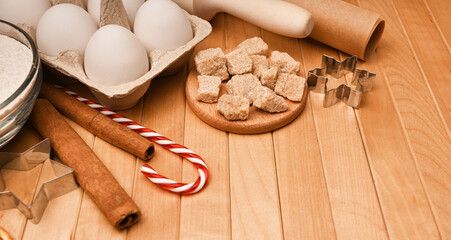 Christmas background of ingredient for cookies. Place for text