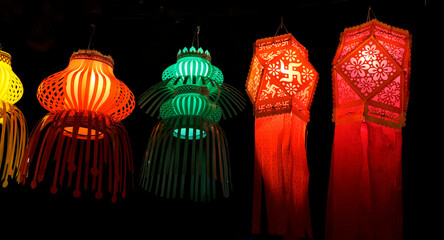 Pune, Maharashtra, India, Oct. 30, 2021 - Colorful traditional Lanterns in Various Shapes Akash...