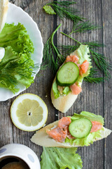 Healthy breakfast, salad, eggs and salmon