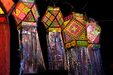 Pune, Maharashtra, India, Oct. 30, 2021 - Colorful traditional Lanterns in Various Shapes Akash...