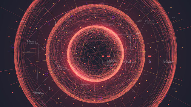 Futuristic concatenation of information lines into the forms of databases, visualization of computer processing of digital clouds and big data, vector cyber sphere of artificial intelligence