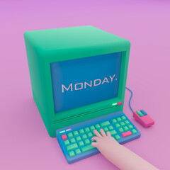 3d render, 3d illustration. Computer with keyboard, mouse and hand on keys.