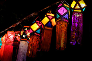 Pune, Maharashtra, India, Oct. 30, 2021 - Colorful traditional Lanterns in Various Shapes Akash kandil (Diwali decorative lamps) Hang out side shop for sale celebrating Diwali Festival.