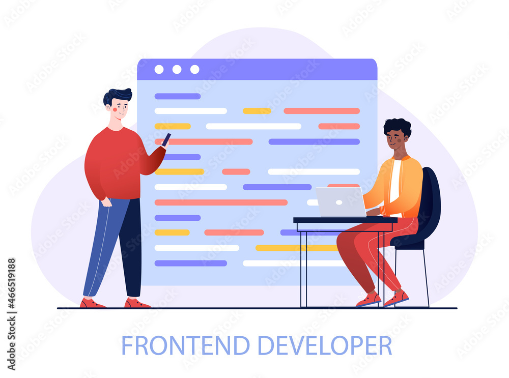 Poster html5 website development. man shows new website layout. project presentation. layout designer, prog