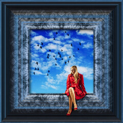 girl in red coat sitting on the edge of a picture frame with birds flying over a blue sky
