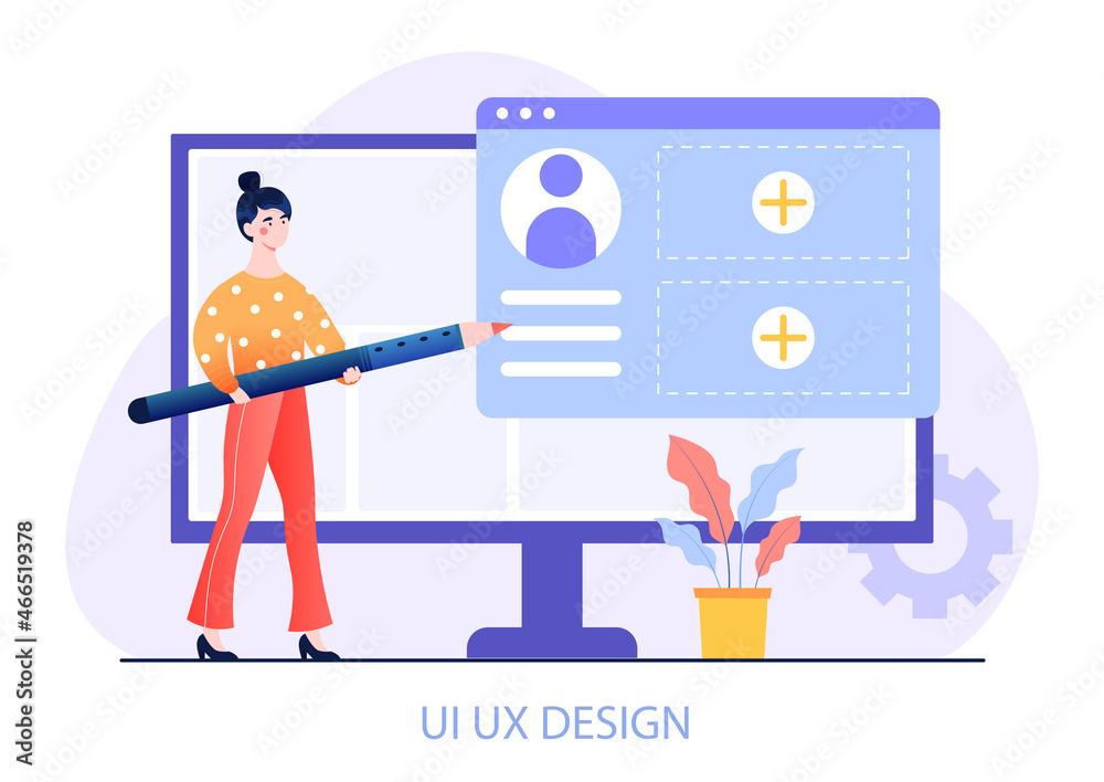 Wall mural web design concept. girl with pencil developing layout. designer comes up with template for website.