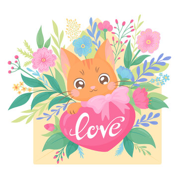 Cute cat in an envelope with flowers and leaves. Cartoon animal character for Valentine's Day card. Big pink heart with lettering love. Vector illustration isolated on a white background.
