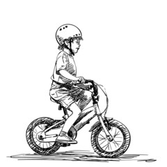 Small boy in helmet riding bicycle, Vector sketch, Hand drawn illustration isolated on white