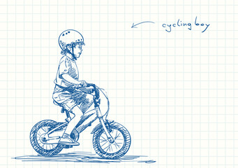 Fototapeta na wymiar Small boy in helmet riding bicycle, Blue pen sketch on square grid notebook page, Hand drawn vector illustration