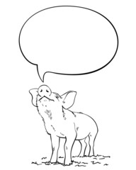 Sketch of pig sniffs speech bubble, Hand drawn vector linear illustration