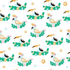 Kids seamless pattern with cute parrot and toucan. Children wallpaper for playroom and bedroom