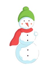 Cute snowman in hat and scarf. Vector holiday illustration in flat style