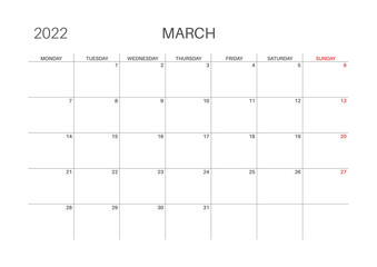 Calendar template for planners. Calendar 2022.