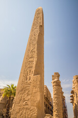 Anscient Temple of Karnak in Luxor - Ruined Thebes Egypt. Sacred obelisk with hieroglyphs in Karnak...