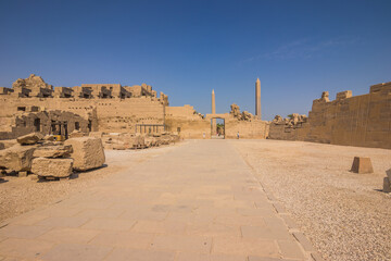 Anscient Temple of Karnak in Luxor - Ruined Thebes Egypt. Walls and Sphinxes at Karnak Temple. Temple of Amon-Ra
