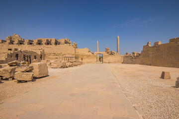 Fototapeta premium Anscient Temple of Karnak in Luxor - Ruined Thebes Egypt. Walls and Sphinxes at Karnak Temple. Temple of Amon-Ra
